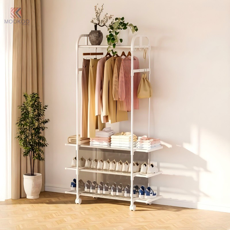 MOOKOO Giá treo quần áo bằng kim loại hiện đại Bánh xe đa-Chức năng sắp xếp lối vào hành lang Thanh treo Móc bên Giá đỡ kệ có thể gập lại