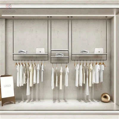Giá trưng bày quần áo hiện đại xoay độc lập-Hệ thống kệ treo quần áo bán lẻ sơn bóng bằng kim loại cho cửa hàng nhỏ